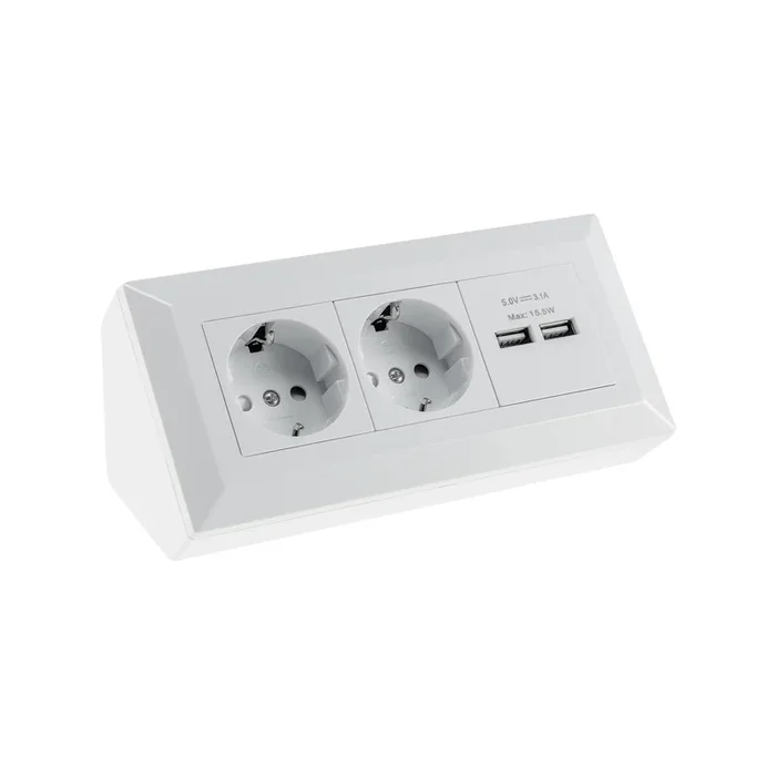 2-fach Steckdosenblock + 2x USB, weiß 250V~/ 16A, Aufbaumontage, USB 3,1A
