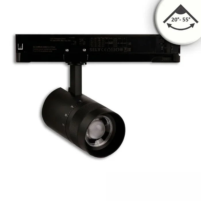 3-Phasen LED Schienen-Strahler, 12W, fokussierbar 20�-55�, CRI92, DALI dimmbar, schwenkbar, 4000K, schwarz matt