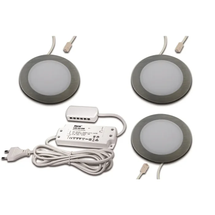3er Set LED M�bel-Einbauleuchte FAR 58, IP44/IP20, rund, LED 24-Stecker + Trafo, CRi >93, Edelstahl, 3W 3000K 225lm 115�