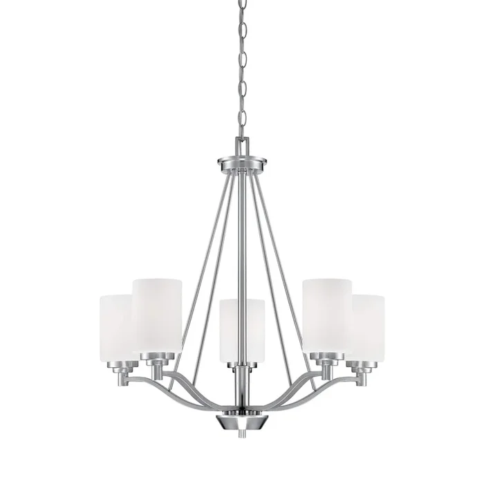 5 Lamps Durham Chandelier – Satin Nickel – Etched White Glass – 25in Diameter – E26 Medium Base