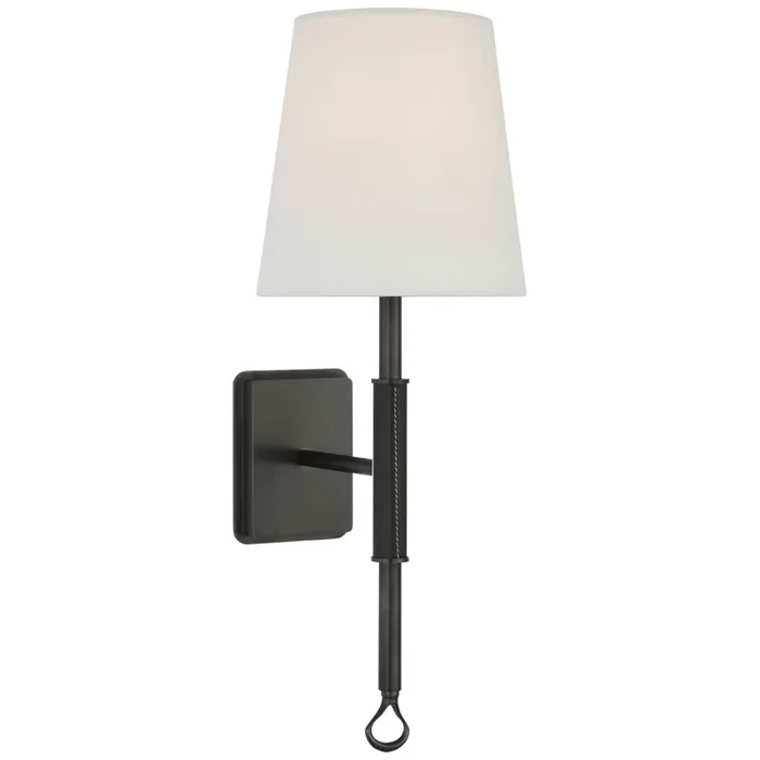Amber Lewis Griffin Sconce in Bronze and Chocolate Leather with Linen Shade Wall Light W5.75″ x H15.75″AL 2005BZ/CHC-L