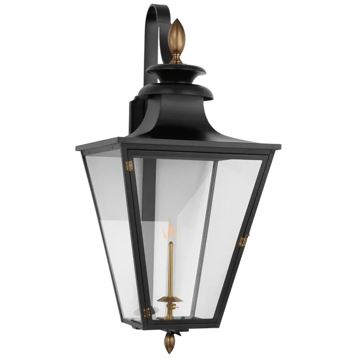 Chapman & Myers Albermarle Large Bracketed Gas Wall Lantern in Matte Black and Brass with Clear Glass Outdoor Lighting W18″ x H39.75″CHO 2437BLK-CG