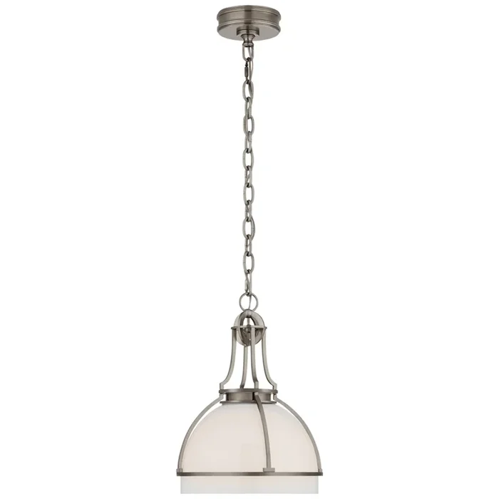 Chapman & Myers Gracie Medium Dome Pendant in Antique Nickel with White Glass Ceiling Light W12″ x H16.25″CHC 5481AN-WG