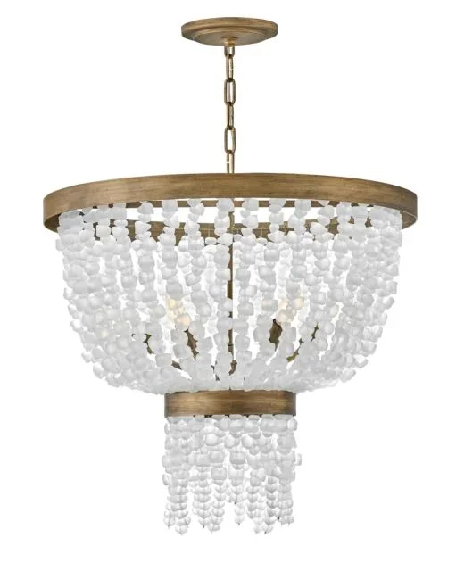 Dune Medium Single Tier Chandelier – 6-Light – Soft White Sea Glass – Burnished Gold