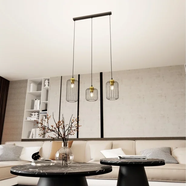 EMIBIG LED Hängeleuchte VANDER 3 BL Loft-Stil Höhe 140 cm 3-flammig 15 W Schwarz / Gold – ohne Leuchtmittel