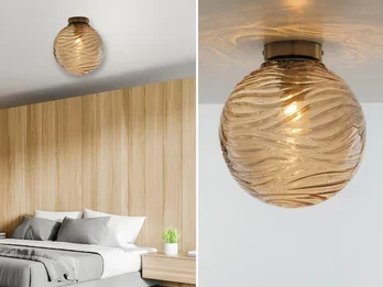 LUCE Design Deckenleuchte NEREIDE Glaskugel Wellenmuster Champagner, Globe Ø25cm