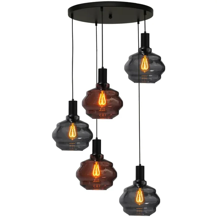 Masterlight – 5-flammige Loft-Hängelampe – Schwarz – Porto mit Ballgläsern