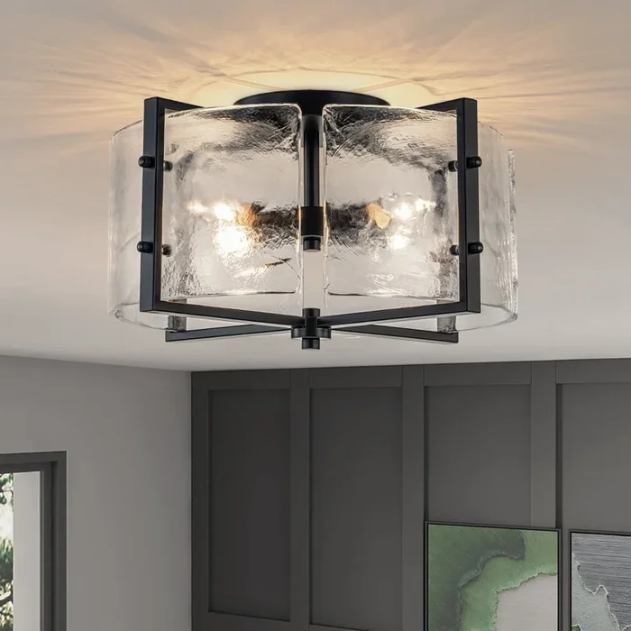 Matte Black 4-Light Rippled Glass Drum Semi-Flush MountS81010000054998