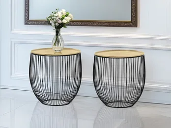 meineWunschleuchte Couchttisch 2 teilig Korbtisch Metall Schwarz mit Tischplatte Gold, Höhe 42cm