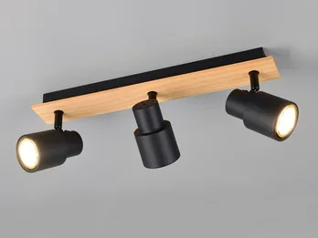 meineWunschleuchte LED Deckenstrahler 3-flammig aus Metall in Schwarz mit Holz, Breite 46cm