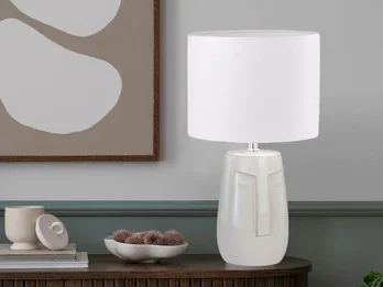 meineWunschleuchte LED Tischlampe mit Keramikfuß Beige & Leinenschirm Weiß, Höhe 39cm