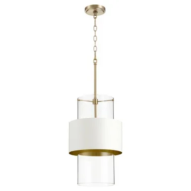 Quorum Glass Cylinder Drum Pendants One Light Pendant in Aged Brass w/ Studio White – 8013-0880