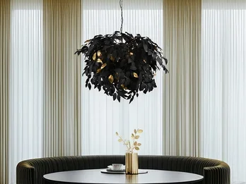 Reality Leuchten Große Pendelleuchte LEAVY mit Blätter Lampenschirm Schwarz Gold, Ø 70cm
