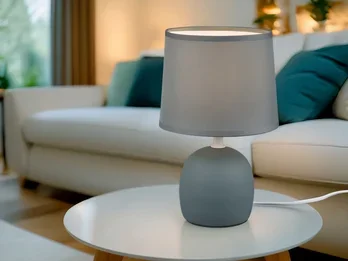 Reality Leuchten Kleine Tischlampe MALU mit Keramikfuß & Stoffschirm Blau Grau, Höhe 26cm