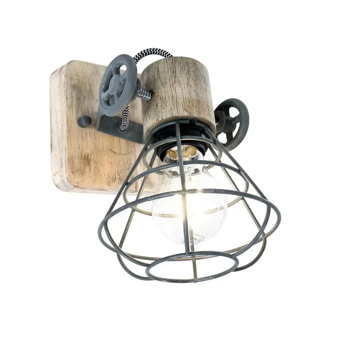 Wand- und Deckenleuchte GUERSEY, 1-flammig, E27, Eichenholz natur / Metall, grau matt